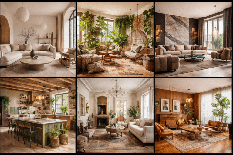 Collage panorámico 16:9 de seis interiores fotorealistas que muestran estilos distintos: minimalista cálido, bohemio con plantas, lujo contemporáneo con mármol, rústico moderno en cocina, clásico parisino con molduras y mid-century cálido con madera.