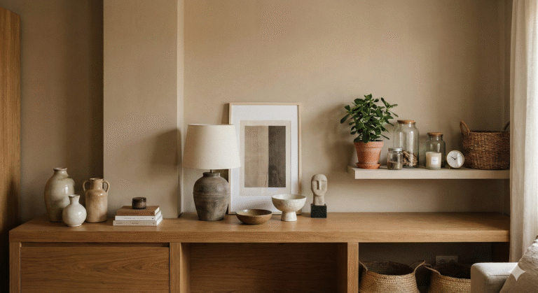 Fotografía realista de diseño de interiores con iluminación cálida y fondo oscuro, mostrando la regla 3-5-7: un grupo de tres elementos decorativos (vela, jarrón y libro) destacados con luz focal sobre una superficie elegante.